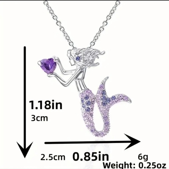 Mermaid Rhinestone 1.25" Charm w 17" Silver Tone + 2" ext Beach Sea Purple - Picture 1 of 1